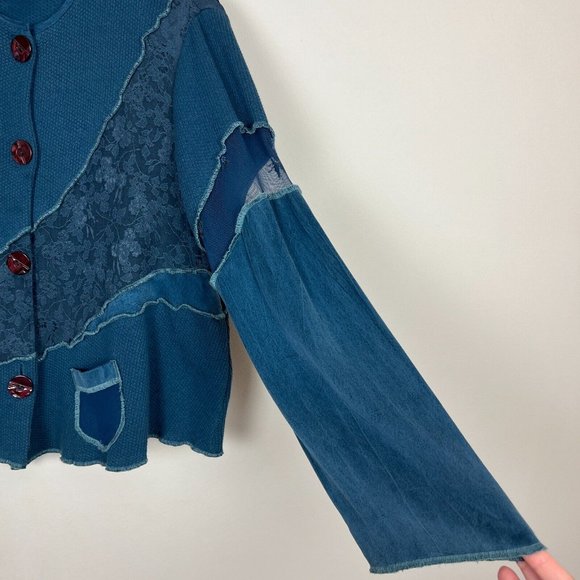 Neil & David Top Women Small Blue Art-to-Wear Thermal Lace Mesh Button Up Topper - Picture 5 of 13